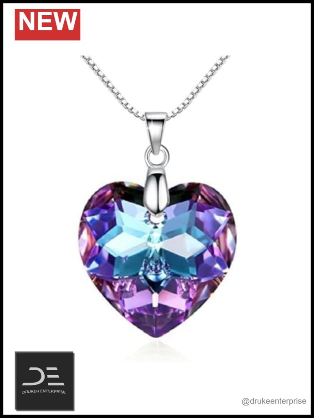 Purple Heart Crystal Pendant Necklace Sterling Silver Women's Jewelry 18 inch